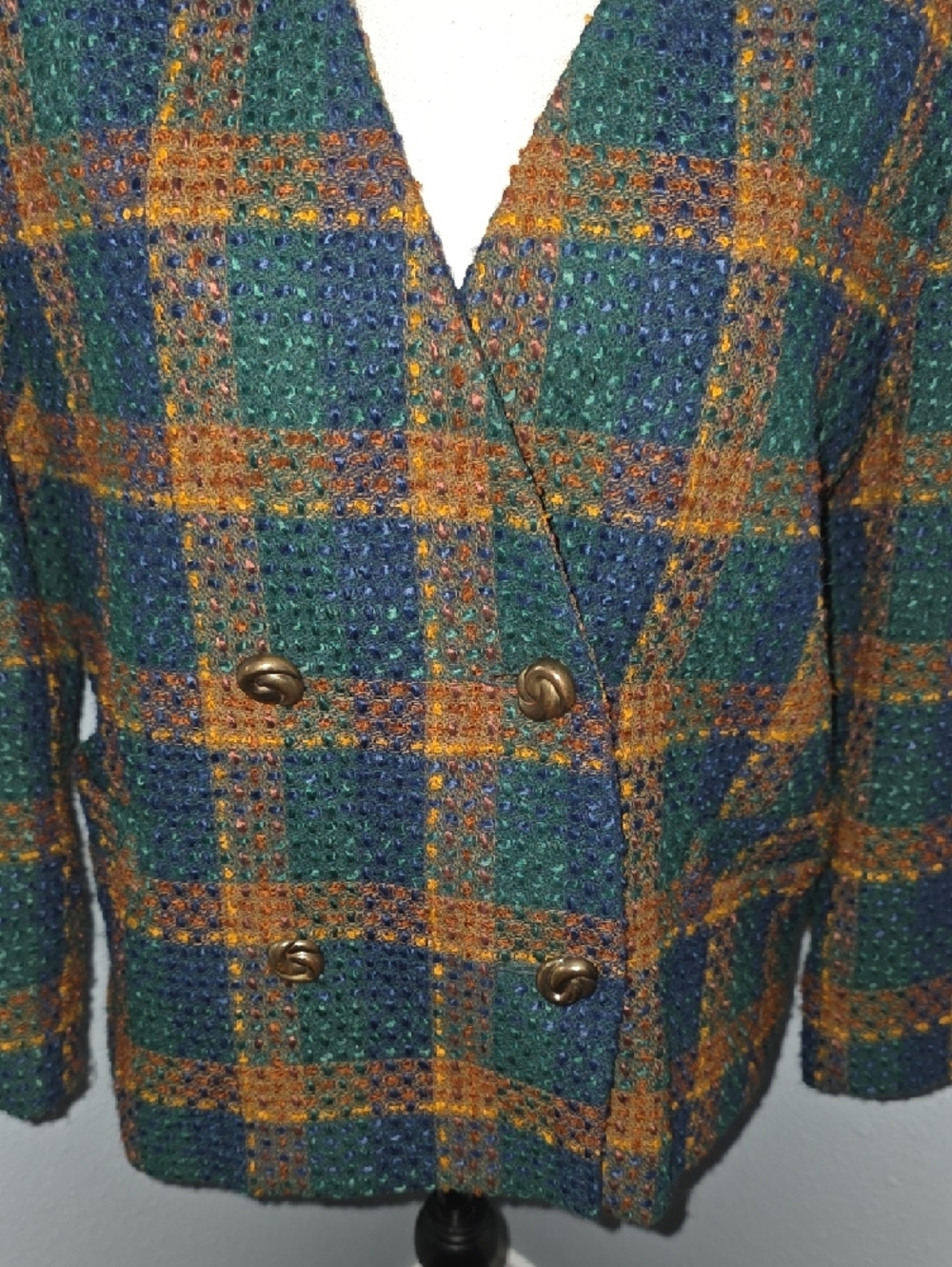 Vintage TanJay Green & Brown Plaid Double-Breasted Blazer Sz 8